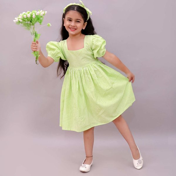 Girls Green Gingham Frock with Hairband