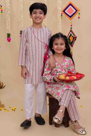 Pink Green Angrakha Kurta with Pants and Boys Angrakha Printed Kurta Pajama