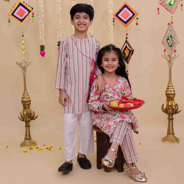 Pink Green Angrakha Kurta with Pants and Boys Angrakha Printed Kurta Pajama