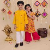 Yellow and Pink Kurta with Pink Pallazo and Boys Mustard Embroidered Kurta Pajama