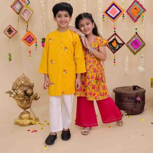 Yellow and Pink Kurta with Pink Pallazo and Boys Mustard Embroidered Kurta Pajama