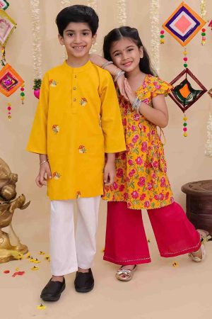 Yellow and Pink Kurta with Pink Pallazo and Boys Mustard Embroidered Kurta Pajama