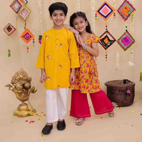 Yellow and Pink Kurta with Pink Pallazo and Boys Mustard Embroidered Kurta Pajama