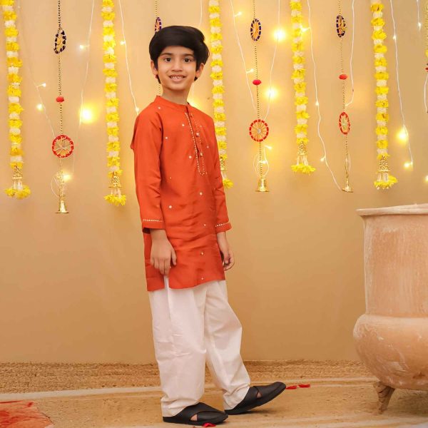 Boys Rust Orange Ethnic Kurta Pajama