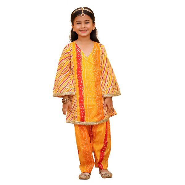 Girls Yellow Orange Bandhani Salwar Kurta Suit Set
