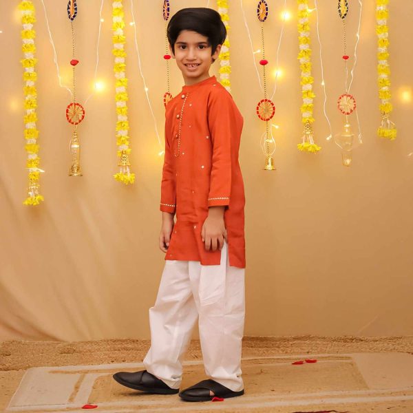 Boys Rust Orange Ethnic Kurta Pajama