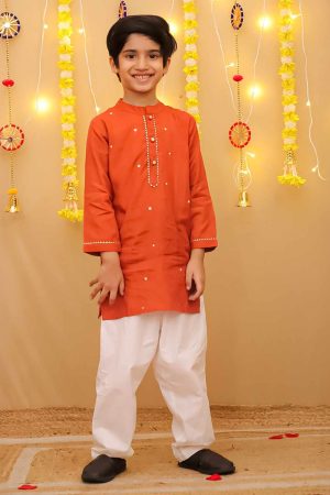 Boys Rust Orange Ethnic Kurta Pajama
