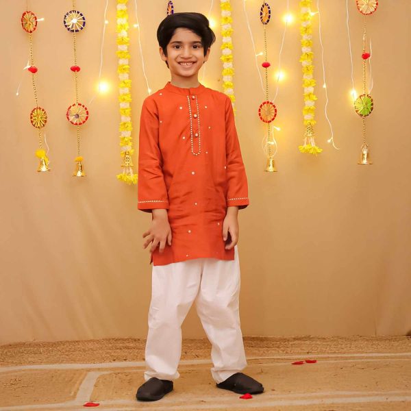 Boys Rust Orange Ethnic Kurta Pajama