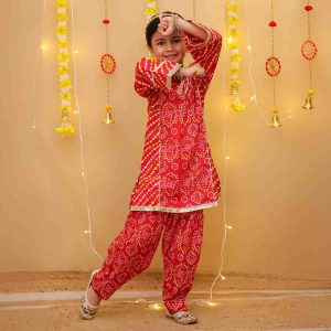 Girls Red Bandhani Salwar Kurta Suit Set