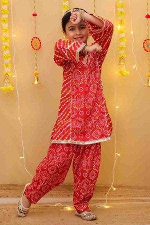 Girls Red Bandhani Salwar Kurta Suit Set