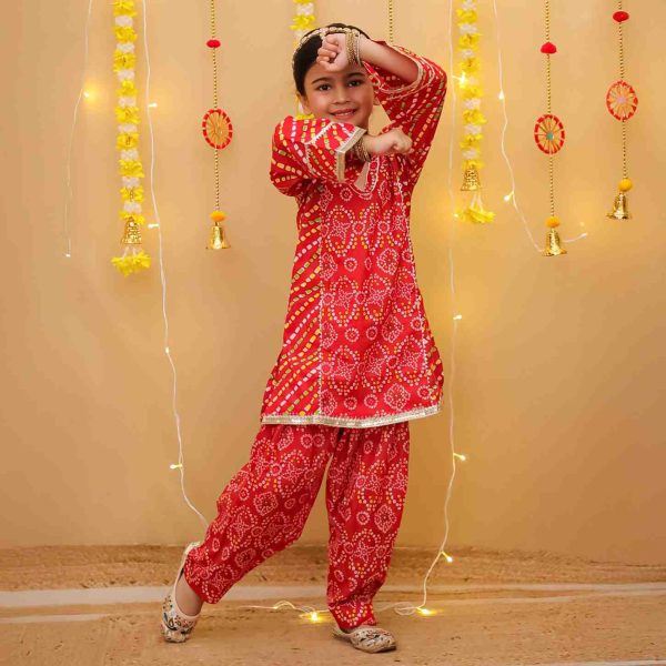 Girls Red Bandhani Salwar Kurta Suit Set