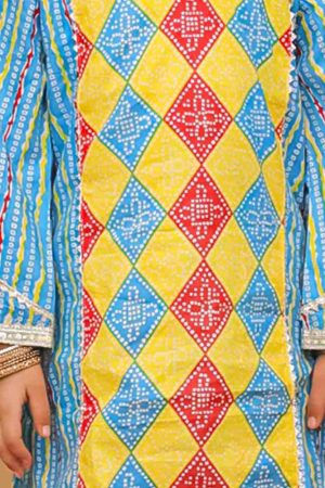 Girls Blue Yellow Bandhani Salwar Kurta Suit Set