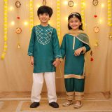 Tourquoise Green Girls Ethnic Suit Set & Boys Ethnic Kurta Pajama