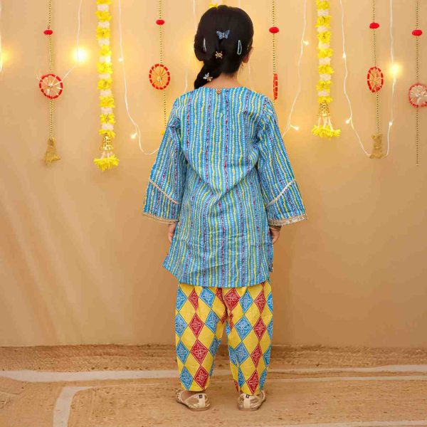 Girls Blue Yellow Bandhani Salwar Kurta Suit Set