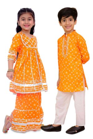 Girls Orange Bandhani Print Sharara Set & Boys Kurta Pajama