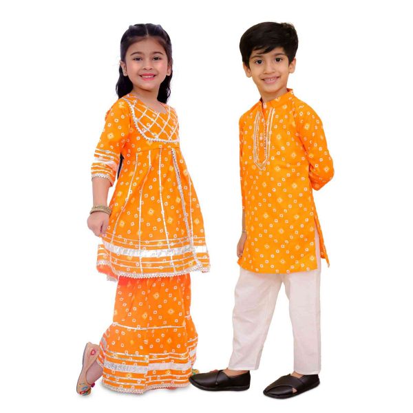 Girls Orange Bandhani Print Sharara Set & Boys Kurta Pajama