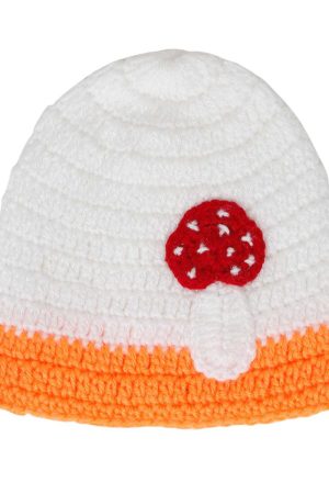 White Orange Mushroom Woollen Cap