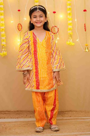 Girls Yellow Orange Bandhani Salwar Kurta Suit Set