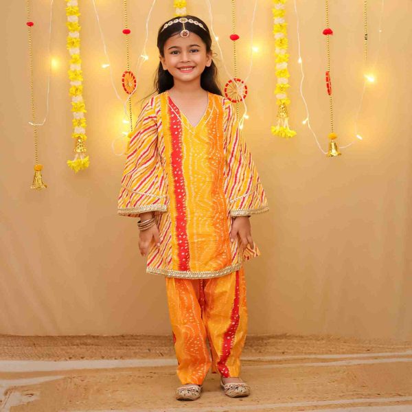 Girls Yellow Orange Bandhani Salwar Kurta Suit Set