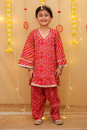 Girls Red Bandhani Salwar Kurta Suit Set