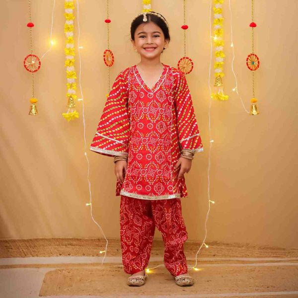 Girls Red Bandhani Salwar Kurta Suit Set