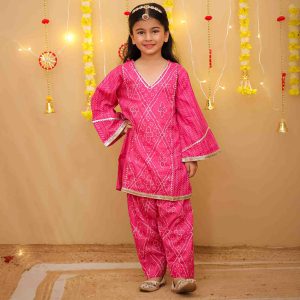 Girls Pink Bandhani Salwar Kurta Suit Set