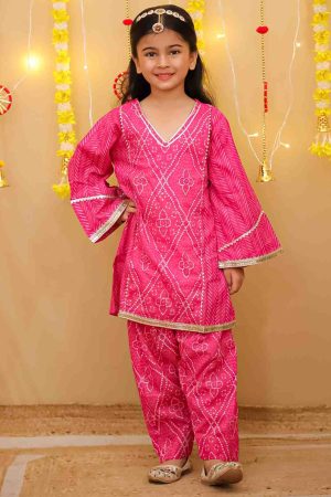 Girls Pink Bandhani Salwar Kurta Suit Set