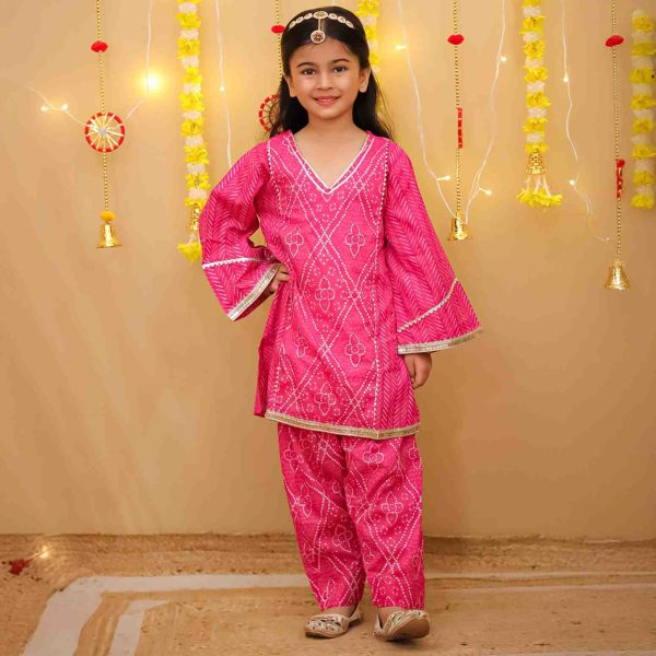 Girls Pink Bandhani Salwar Kurta Suit Set