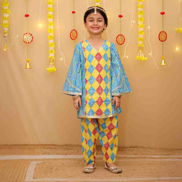 Girls Blue Yellow Bandhani Salwar Kurta Suit Set