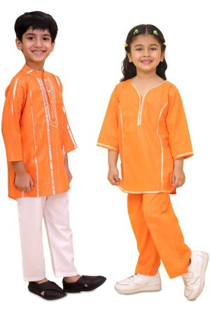 Girls Orange Co Ord Set & Boys Orange Kurta Pajama