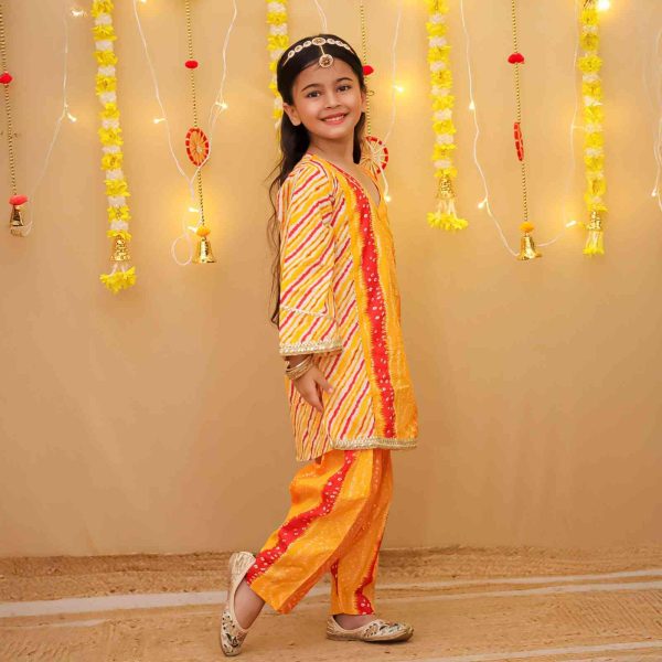 Girls Yellow Orange Bandhani Salwar Kurta Suit Set