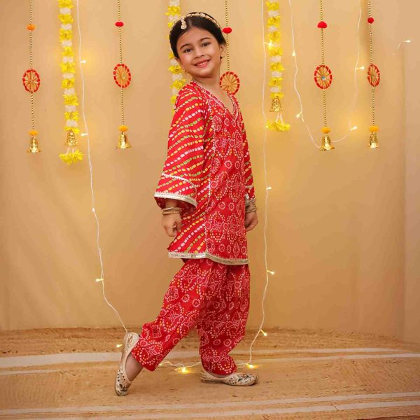 Girls Red Bandhani Salwar Kurta Suit Set