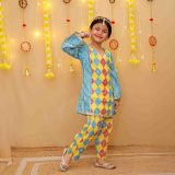 Girls Blue Yellow Bandhani Salwar Kurta Suit Set