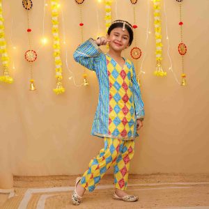Girls Blue Yellow Bandhani Salwar Kurta Suit Set