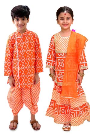 Orange Bandhani Lehriya Sibling Set