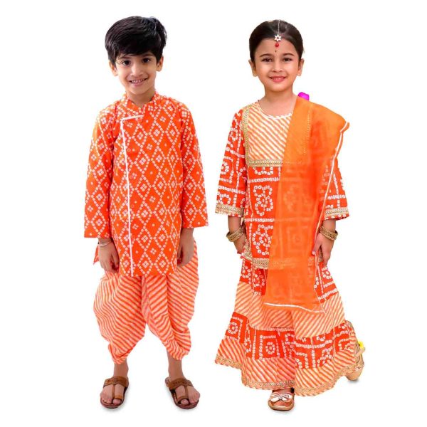Orange Bandhani Lehriya Sibling Set