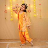 Girls Yellow Orange Bandhani Salwar Kurta Suit Set