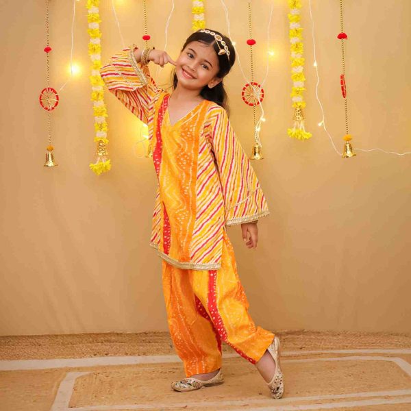 Girls Yellow Orange Bandhani Salwar Kurta Suit Set