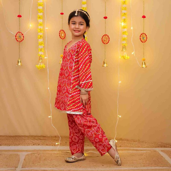 Girls Red Bandhani Salwar Kurta Suit Set
