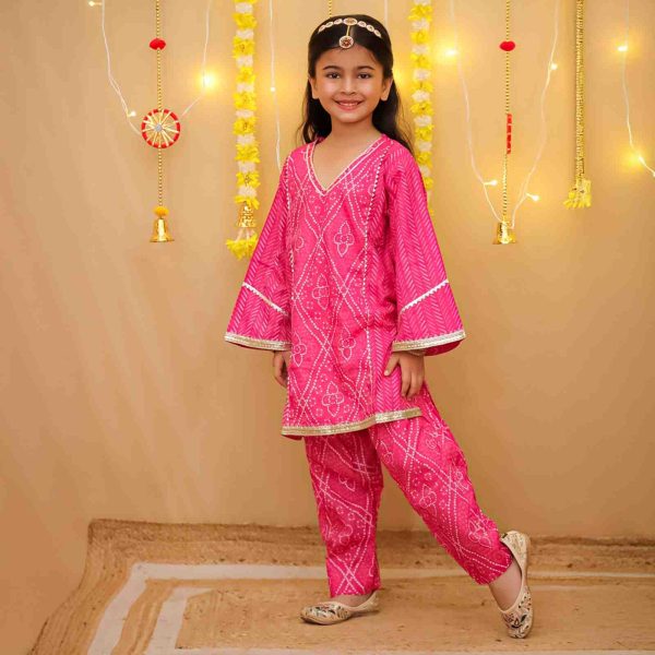 Girls Pink Bandhani Salwar Kurta Suit Set