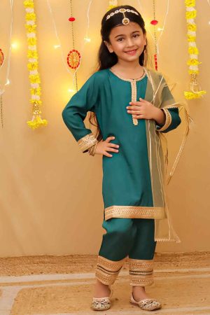 Girls Tourquoise Green Ethnic Suit Set