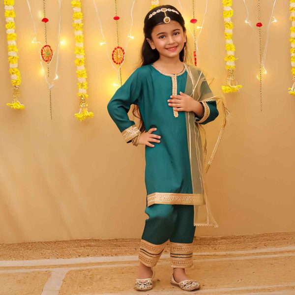Girls Tourquoise Green Ethnic Suit Set