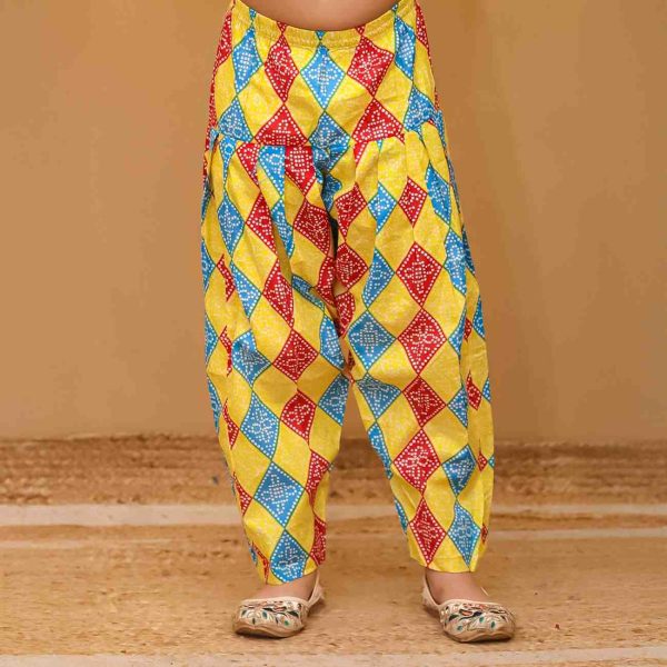 Girls Blue Yellow Bandhani Salwar Kurta Suit Set