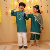 Tourquoise Green Girls Ethnic Suit Set & Boys Ethnic Kurta Pajama