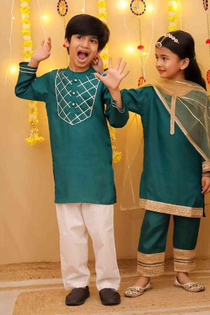 Tourquoise Green Girls Ethnic Suit Set & Boys Ethnic Kurta Pajama