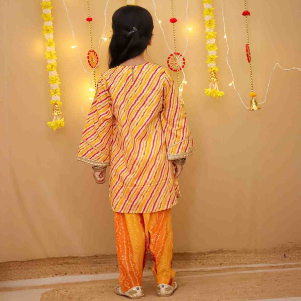 Girls Yellow Orange Bandhani Salwar Kurta Suit Set