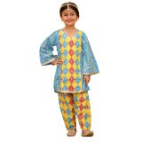 Girls Blue Yellow Bandhani Salwar Kurta Suit Set