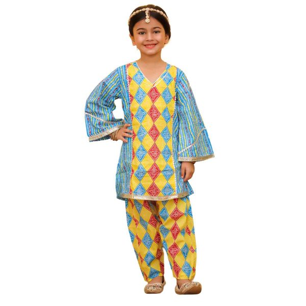 Girls Blue Yellow Bandhani Salwar Kurta Suit Set