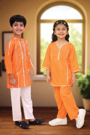 Girls Orange Co Ord Set & Boys Orange Kurta Pajama