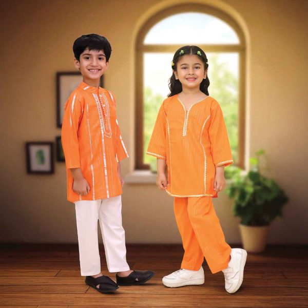 Girls Orange Co Ord Set & Boys Orange Kurta Pajama
